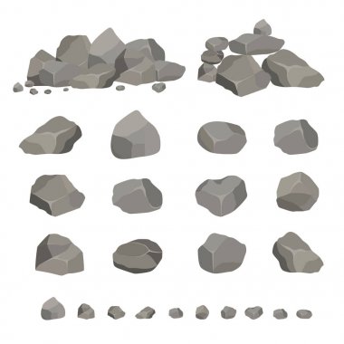 Farklı şekillerde gri granit taşlar kümesi. Doğanın elementi, dağlar, kayalar, mağaralar. Mineraller, kaya ve parke.