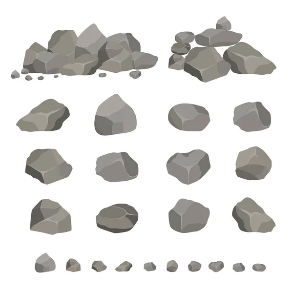 Set of gray granite stones of different shapes. Element of nature, mountains, rocks, caves. Minerals, boulder and cobble. — Stock Vector