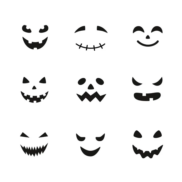 Sammlung von Halloween-Kürbissen geschnitzte Gesichter Silhouetten. Schwarz-Weiß-Bilder. Vorlage mit verschiedenen Augen, Mündern und Nasen für ausgeschnittene Buchse oder Laterne. — Stockvektor