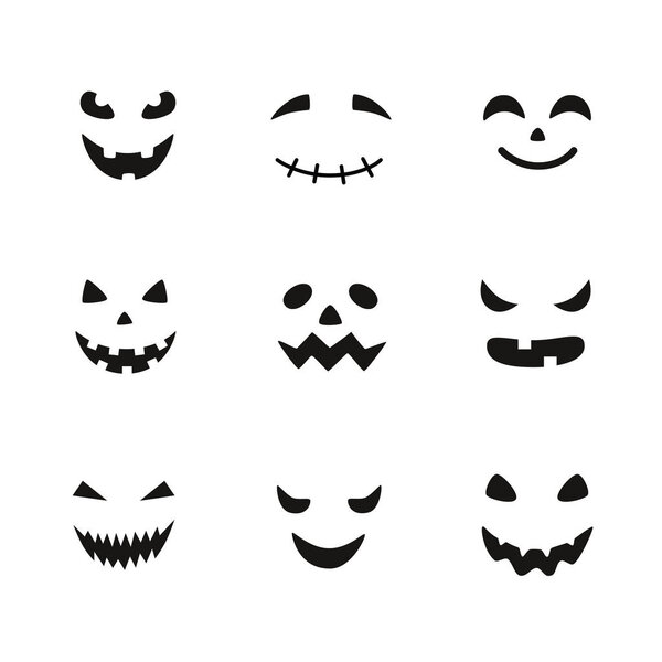 Collection of Halloween pumpkins carved faces silhouettes. Black and white images. Template with variety of eyes, mouths and noses for cut out jack o lantern.