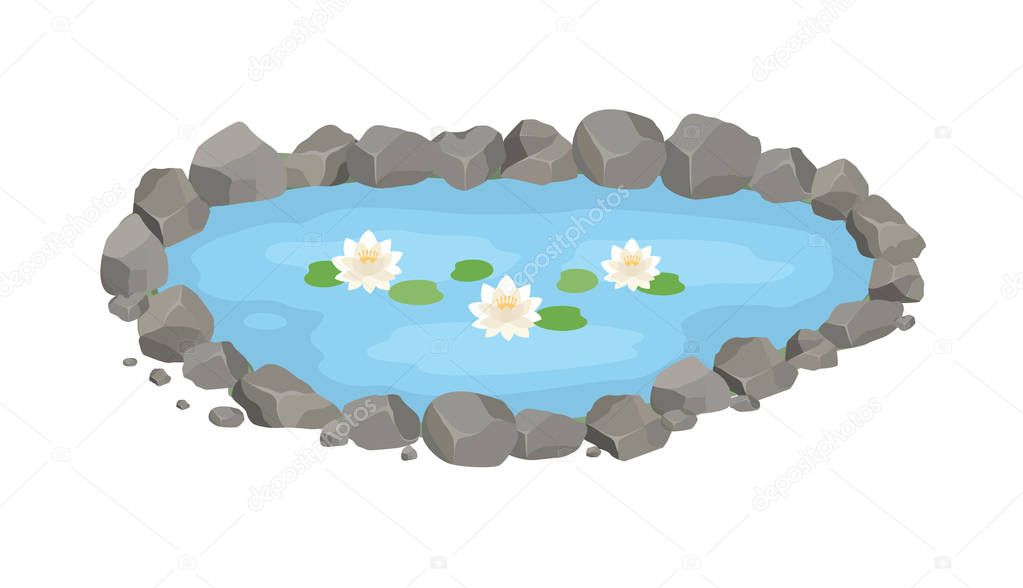 Cartoon vector garden pond illustration with water, stones and water lilies.