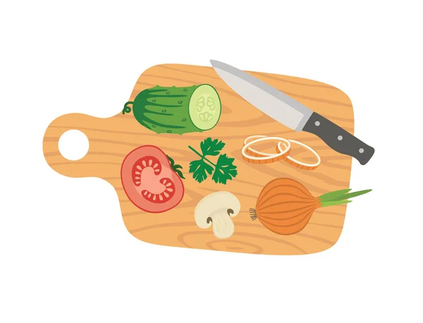 切板和蔬菜 烹饪卡海报与番茄，黄瓜，洋葱，蘑菇，欧芹和刀. — 图库矢量图片