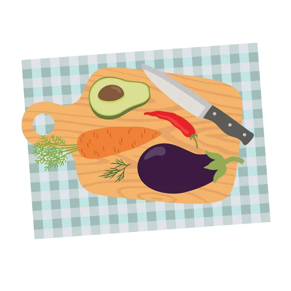 Placa de corte e legumes Cartão de cozedura com cenoura, berinjela, abacate, pimenta, endro e faca . — Vetor de Stock