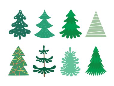 Noel ağacı koleksiyonu, modern düz tasarım. Yazılı materyaller için kullanılabilir - broşürler, posterler, kartvizitler veya İnternet için.