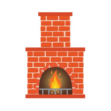 Kış iç şenlik ateşi. Klasik şömine kırmızı tuğla, parlak yanan alev ve içinde yanan günlükleri yapılmış. Konfor ve rahatlama için ev şömine.