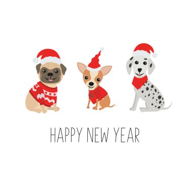 Mutlu yıllar tebrik kartı. Komik Noel kostümleri içinde sevimli köpekler. Beyaz arkaplanda izole.