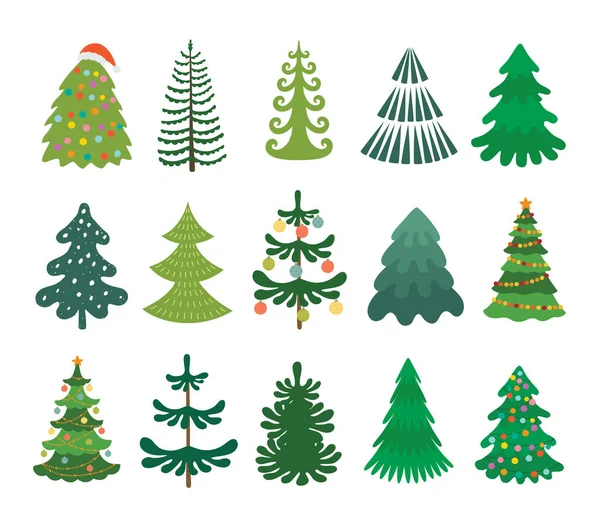 Christmas tree set. Decorated xmas trees. Winter holidays party green fir with garland decoration. Isolated vector illustration. — ストックベクタ