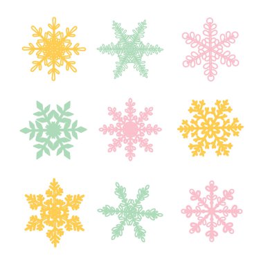 Beyaz arka planda farklı renkte kar taneleri. Vektör illüstrasyonu