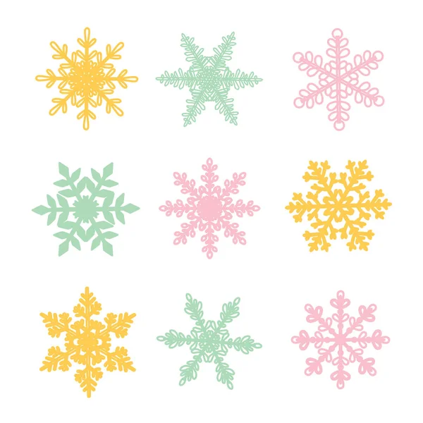 Különböző színű hópelyhek fehér háttérrel. Vektorillusztráció — Stock Vector