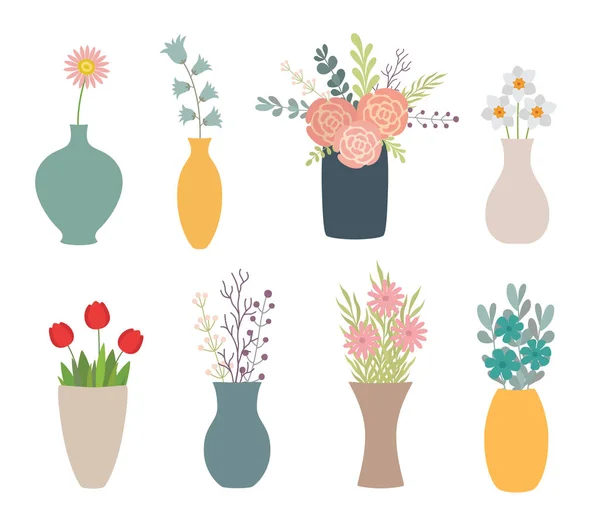 Комплект цветов в вазах на белом — стоковый вектор