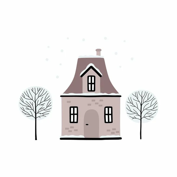 Мультфильм Зимний дом. Векторное изображение рождественского дома и деревьев, покрытых снегом. — стоковый вектор
