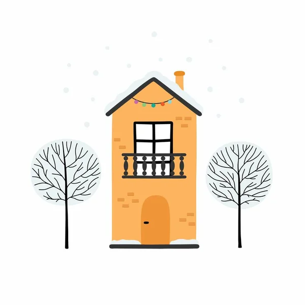 주택과 나무가 있는 겨울 도시 풍경 카드. — 스톡 벡터
