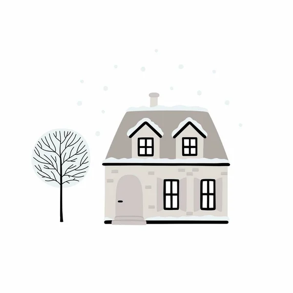 Мультфильм Зимний дом. Векторное изображение рождественского дома и ёлки, покрытой снегом. — стоковый вектор