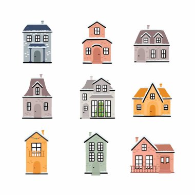 Kışlık evler koleksiyonu. Kulübeler kuruldu. Karla kaplı Noel evi.