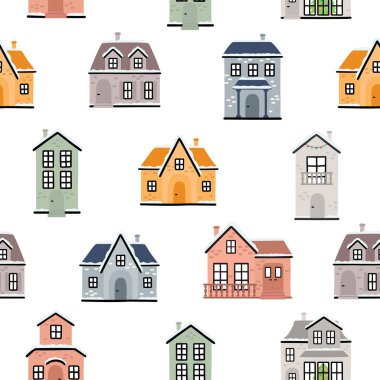 Köy evlerinde pürüzsüz bir düzen var. Vektör illüstrasyonu.