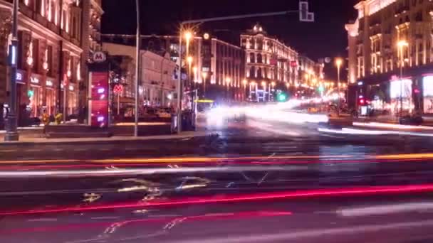 Noční Moskva pohled na Tverská ulice — Stock video