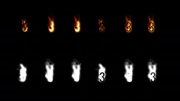 Κάψιμο γραμματοσειρά με κανάλι άλφα. Τέσσερις διαφορά τύπος της φωτιάς. Γράμματα και ψηφία. Τρεις — Αρχείο Βίντεο