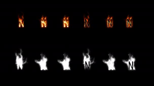 アルファ チャネル付きのフォントを燃焼します。火の 4 つの相違点の種類。文字と数字。文字 N — ストック動画