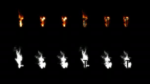 Brennschrift mit Alphakanal. vier verschiedene Arten von Feuer. Buchstaben und Ziffern. Buchstabe t — Stockvideo
