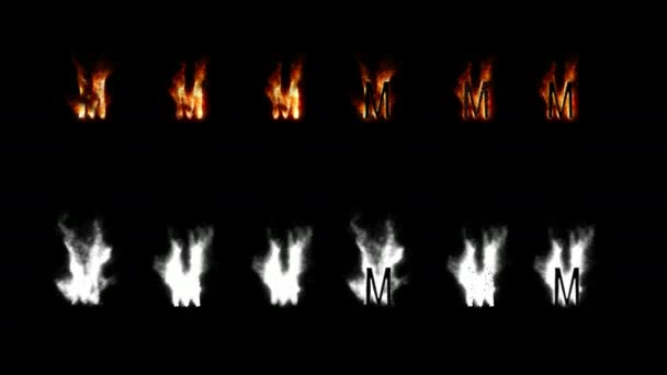 Fonte queimando com canal alfa. Quatro tipos de fogo diferentes. Cartas e dígitos. Carta M — Vídeo de Stock