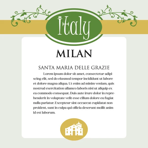 Designe pagina o menu per prodotti italiani. Può essere una guida con informazioni sulla città italiana di Milano — Vettoriale Stock
