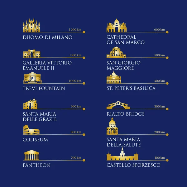 Infografica d'Italia simboli, punti di riferimento in colore oro. Illustrazione vettoriale. Roma, Venezia, Milano, Italia — Vettoriale Stock