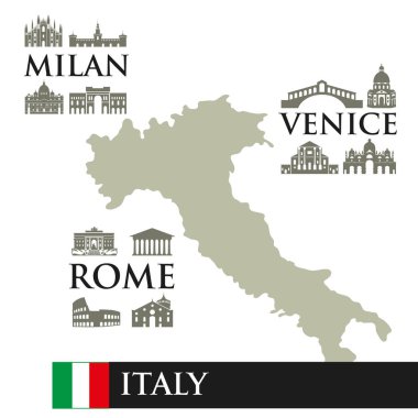 Infographic. Kontur İtalya Haritası. Şehrin şehir manzaraları sembolleri. Milano, Roma, Venedik.