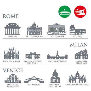 İtalya sembolleri, gri renkli simge yapılar kümesi. Vektör çizim. Venedik, Milan, İtalya, Roma