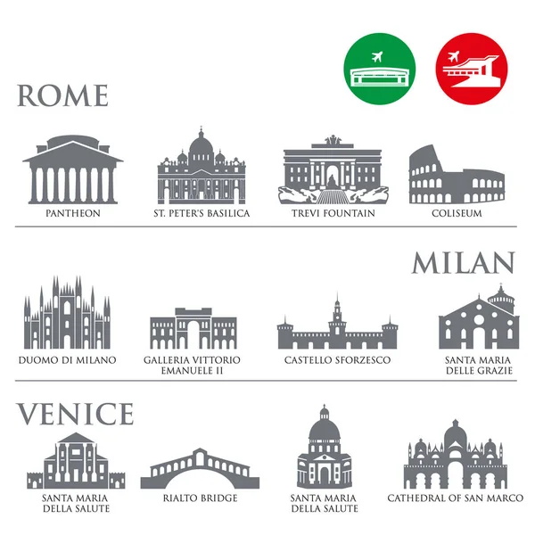 Sada symbolů Itálie, Památky v šedé barvě. Vektorové ilustrace. Benátky, Milán, Itálie, Řím — Stockový vektor