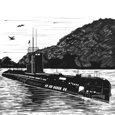 Diesel submarine of post-war construction. Nuclear submarine boat. Engraving retro style. Black and white vector illustration. clipart