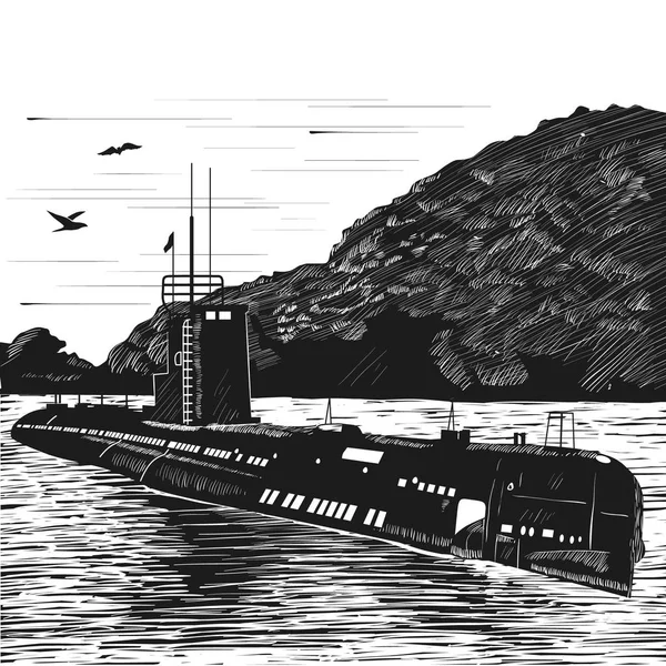 Dízel tengeralattjáró háború utáni építési. Atom-tengeralattjáró hajó. Rézkarc retro stílusú. Fekete-fehér vektoros illusztráció. — Stock Vector
