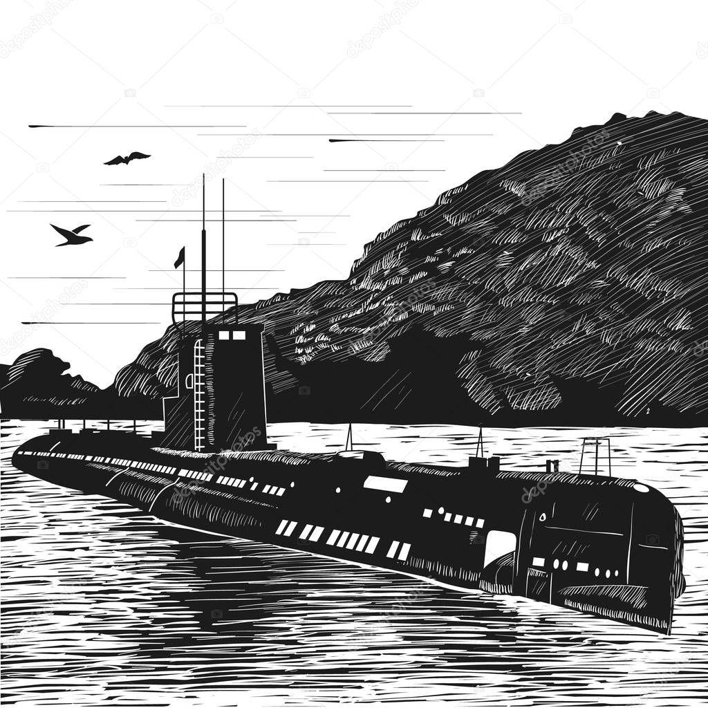 Diesel submarine of post-war construction. Nuclear submarine boat. Engraving retro style. Black and white vector illustration.