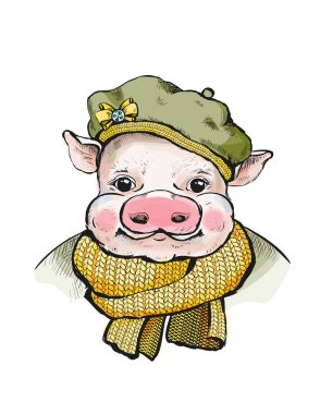 Onun başında yuvarlak bir yumuşak bere içinde domuz yavrusu portresi.