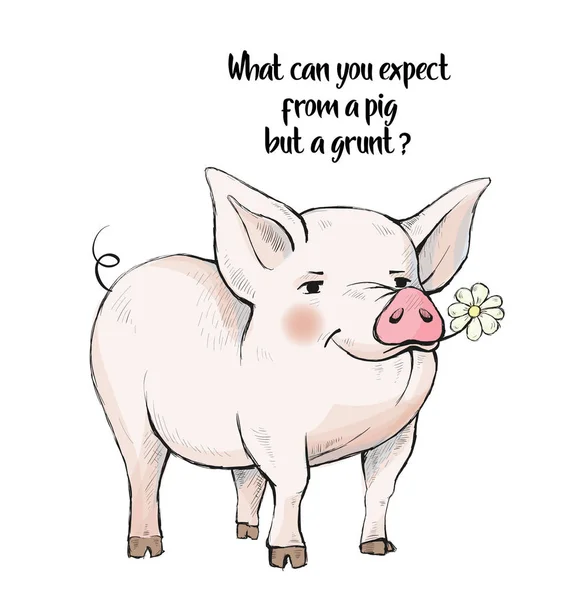 ¿Qué se puede esperar de un cerdo sino un cochinillo gruñón lindo con mejillas de color rosa rosado está de pie sobre la hierba. En la boca se come una flor de manzanilla . — Vector de stock