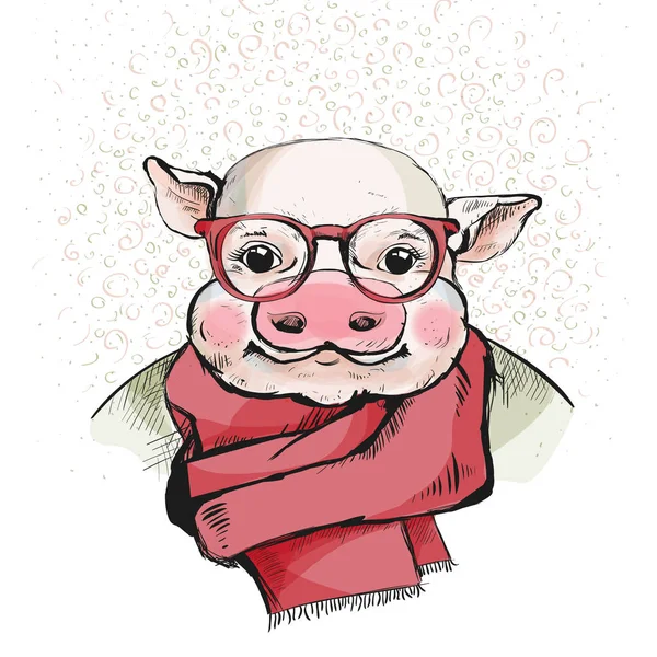 The portrait of a cute piglet in glasses. — Stock Vector