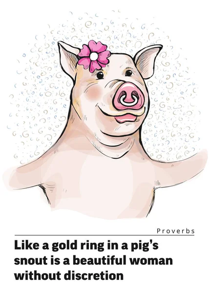 Una serie de postales con un lechón. Proverbios y dichos. Como un anillo de oro en el hocico de un cerdo es una hermosa mujer sin discreción — Archivo Imágenes Vectoriales