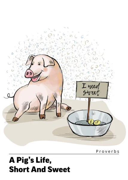 Una serie de postales con un lechón. Proverbios y dichos. La vida de un cerdo, corta y dulce — Archivo Imágenes Vectoriales