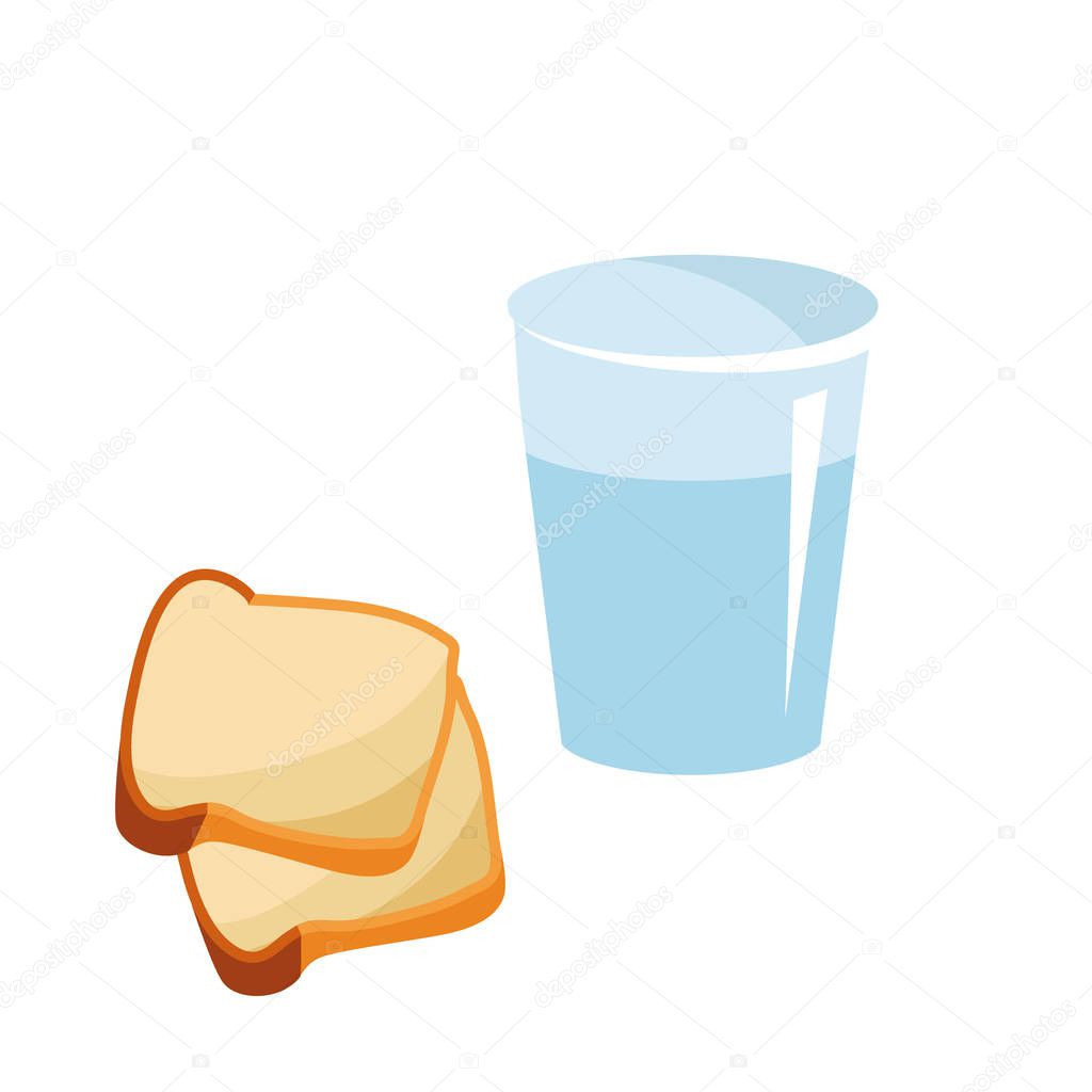 A glass of pure water and two slices of bread for the beginning of Lent. Reduced meal in Lent with bread and water. Abandonment, eating.