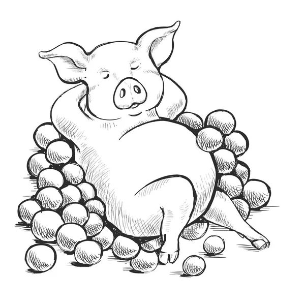 Contour Line Drawing. Coloring for kids. A series of postcards with a piggy. Proverbs and sayings. As a pig in oranges. A fat pig lies among oranges on the grass. Cute funny piggy. — Stock Vector