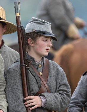  Amerikan İç Savaşı reenactor hazırolda Fullbright Park, sendika Gap, Washington üzerinde 17 Haziran 2018.