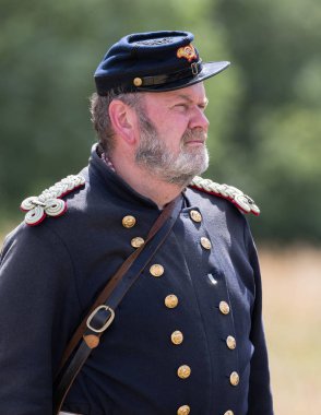 Bir asker, bir Amerikan İç Savaşı canlandırma Fullbright Park, sendika Gap, Washington üzerinde 17 Haziran 2018 olda duruyor.