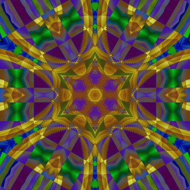 Soyut geometrik arka plan çok renkli ve ortalanmış. Düzenli yıldız süsleme mor, sarı, altın ve yeşil.