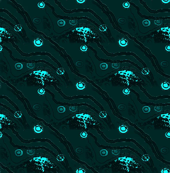 Abstract geometric seamless background. Regular pattern diagonally, wavy lines and concentric circles turquoise and black on dark green.