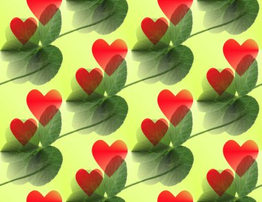 Beş yapraklı yonca yeşil kırmızı kalpler overlaying ve çapraz olarak.