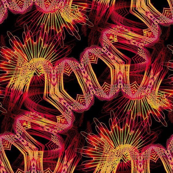 Абстрактный геометрический многоцветный фон по диагонали. Замысловатый бесшовный рисунок желтый, красный и фиолетовый на черном, заметный и сложный
.