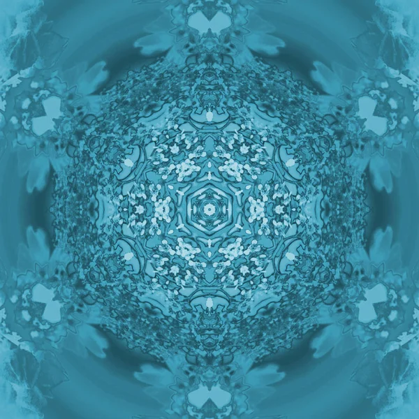 Fond Géométrique Abstrait Ornement Floral Rond Régulier Turquoise Bleu Centré — Photo