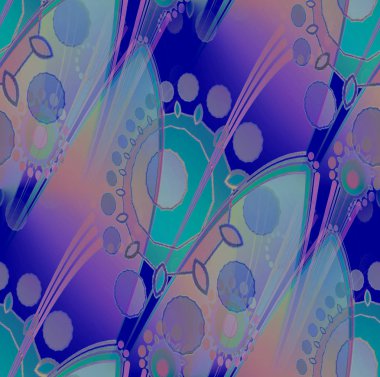 Soyut geometrik fantezi arka planı çok renkli. Karmaşık daireler koyu mavi, mor, menekşe, pembe ve turkuaz, çapraz.