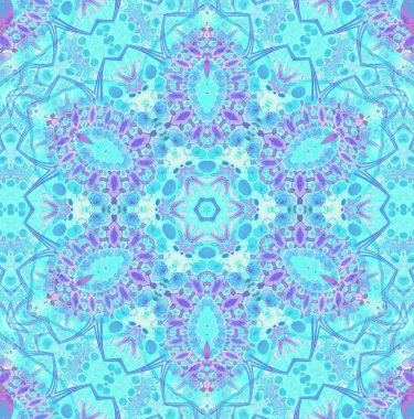 Soyut geometrik arkaplan çok renkli. Düzenli merkezli çiçek süsü, turkuaz, açık mavi, mor ve beyaz.