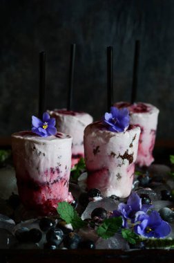 Kremalı dondurma siyah frenk üzümü, böğürtlen, ahududu, nane ve menekşe koyu arka plan üzerinde çiçekler meyveler. Yaz soğutma tatlı. Ev yapımı dondurma veya çubuklu dondurmayı yeşil nane bırak dekore edilmiş