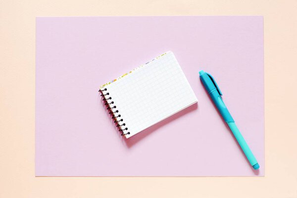 Back to school concept - school office supplies. Top view of wooden office table with colorful supplies and copy space. Design and art concept 